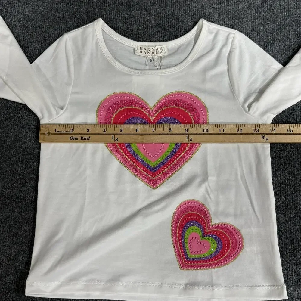 Hannah Banana Shirt Girls 8 White Heart Sequin Long Sleeve Graphic Top New